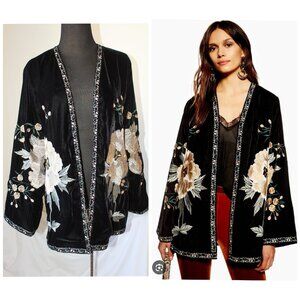 Anna Cai New York Burnout Velvet Open Front Cardigan M Embroidery Floral Y2K
